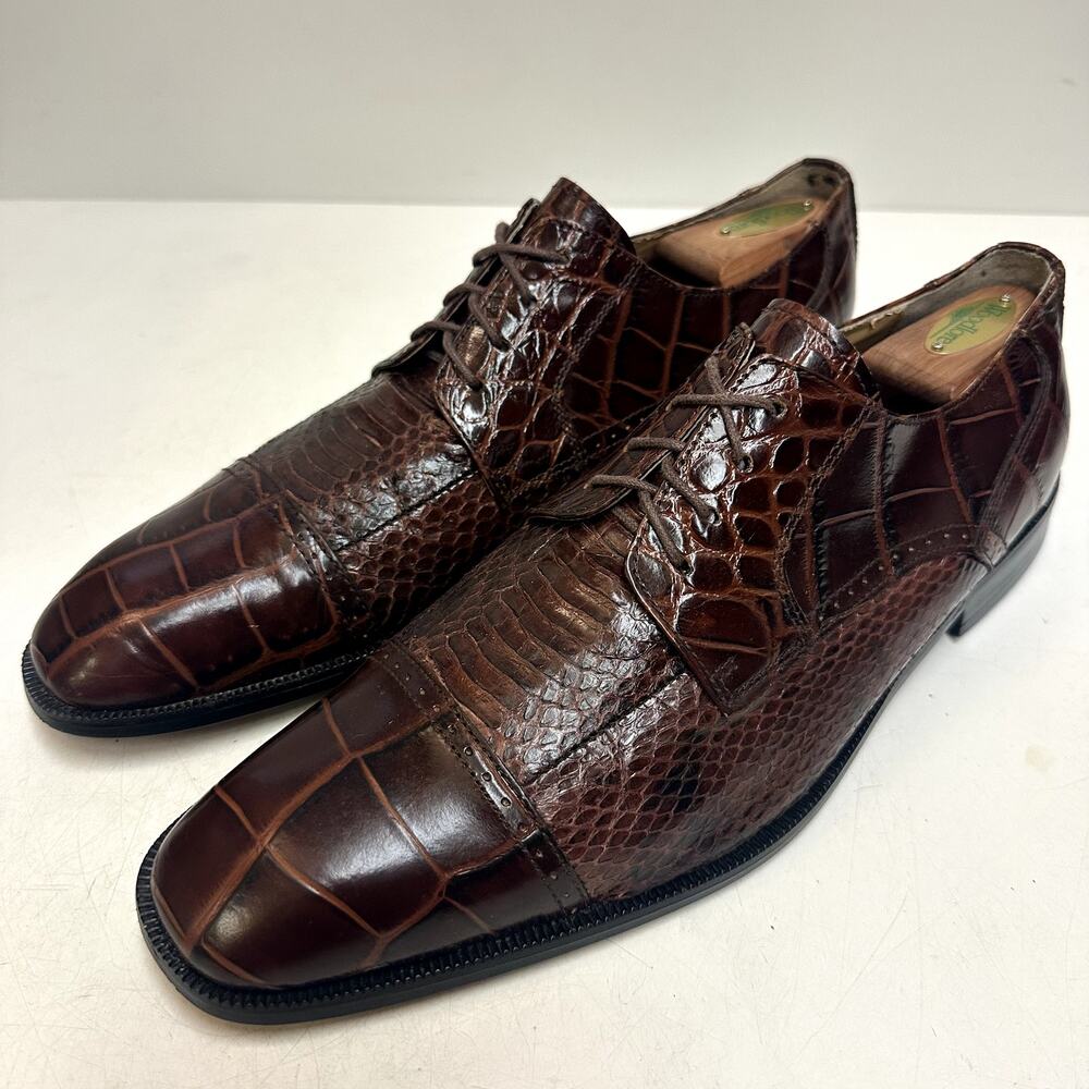 X EUC Stacy Adams Brown Snakeskin Cap Toe Derby Exotic Men's 10.5 D - Picture 3 of 12